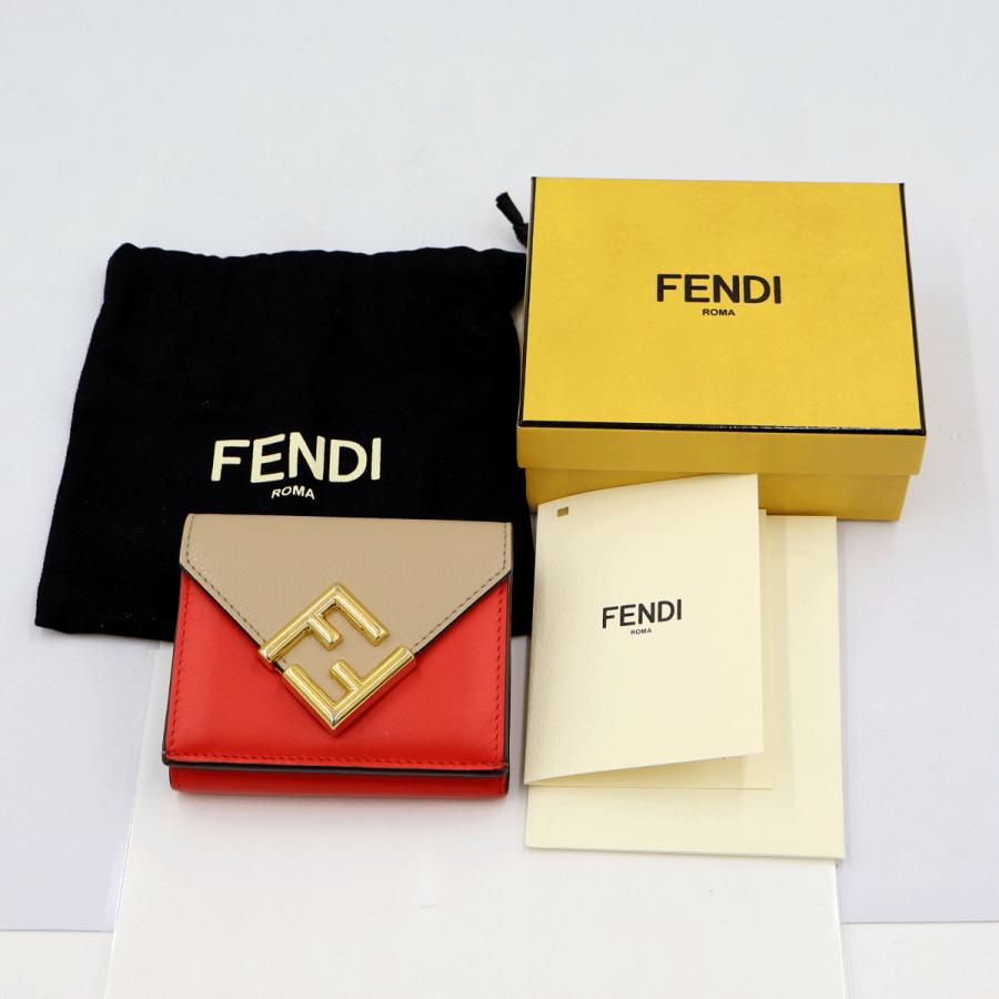 フェンディ(FENDI)FFダイヤモンド三つ折り財布 8M0480-ALWA-F1L2E レッド/ベージュ レディース(中古)