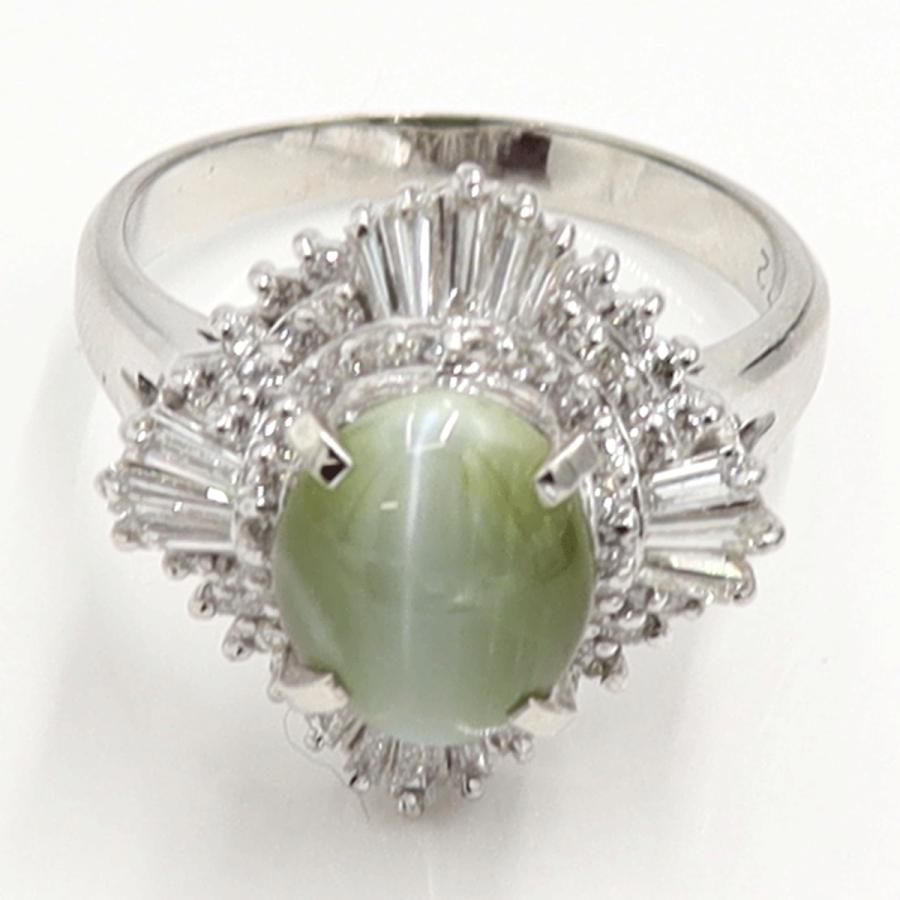 Pt900キャッツアイダイヤモンドリング　CT4.49ct　D1.172ct　リングサイズ19号　重量11.40ｇ(石の重量含む)　キャッツアイ　ダイヤモンド　レディース（中古）