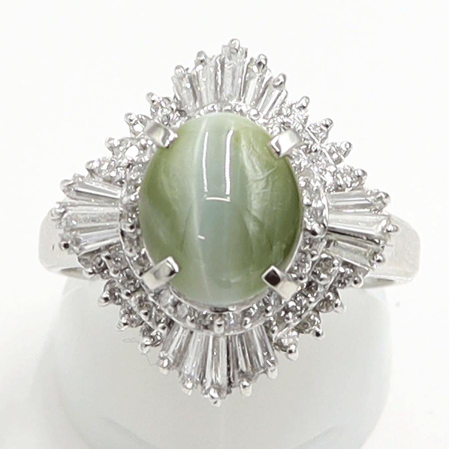 Pt900キャッツアイダイヤモンドリング　CT4.49ct　D1.172ct　リングサイズ19号　重量11.40ｇ(石の重量含む)　キャッツアイ　ダイヤモンド　レディース（中古）