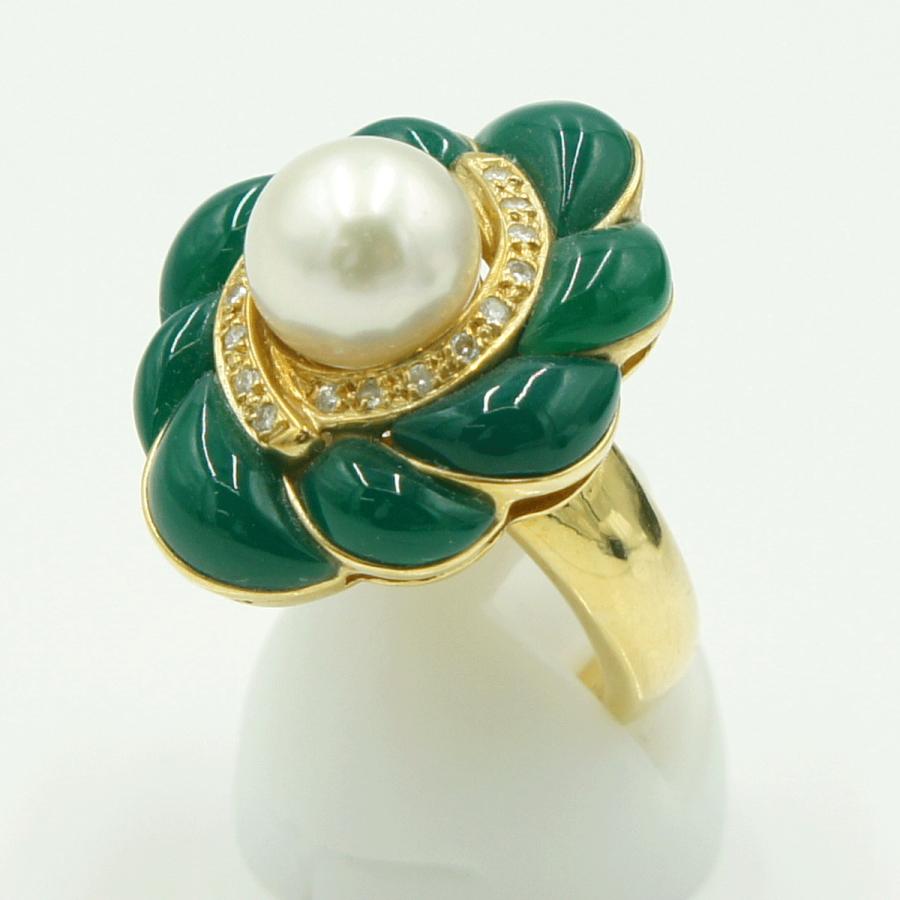 K18パール/メノウリング　パール9.0ｍｍ　リングサイズ13号　重量15.11g(石の重量含む)　レディース（中古）