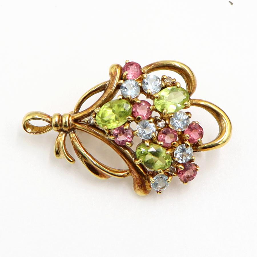 K18マルチ石ブローチ「花束」　ペリドット・トルマリン・トパーズ　重量6.55ｇ　レディース（中古）