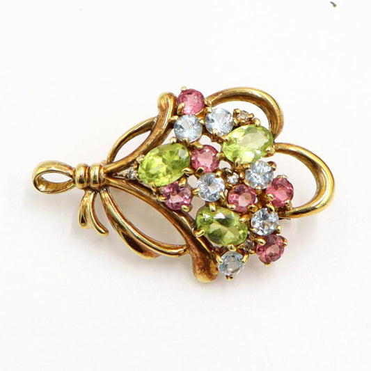 K18マルチ石ブローチ「花束」　ペリドット・トルマリン・トパーズ　重量6.55ｇ　レディース（中古）