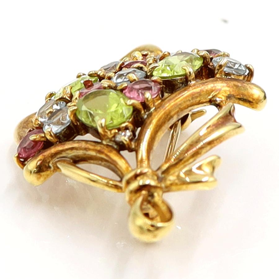 K18マルチ石ブローチ「花束」　ペリドット・トルマリン・トパーズ　重量6.55ｇ　レディース（中古）