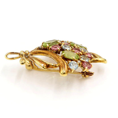 K18マルチ石ブローチ「花束」　ペリドット・トルマリン・トパーズ　重量6.55ｇ　レディース（中古）