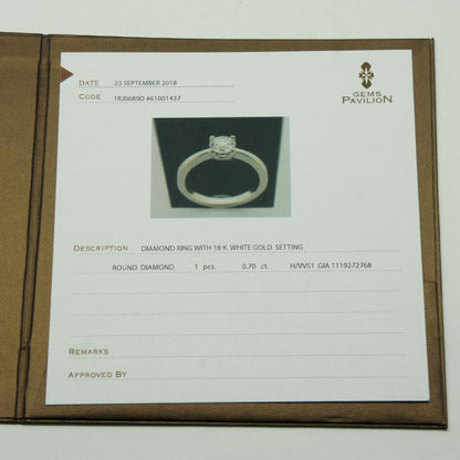 K18WGダイヤモンドリング 0.7ct　Hカラー/VVS1/EX　鑑定書有り　リングサイズ8号　重量2.7ｇ（中古）