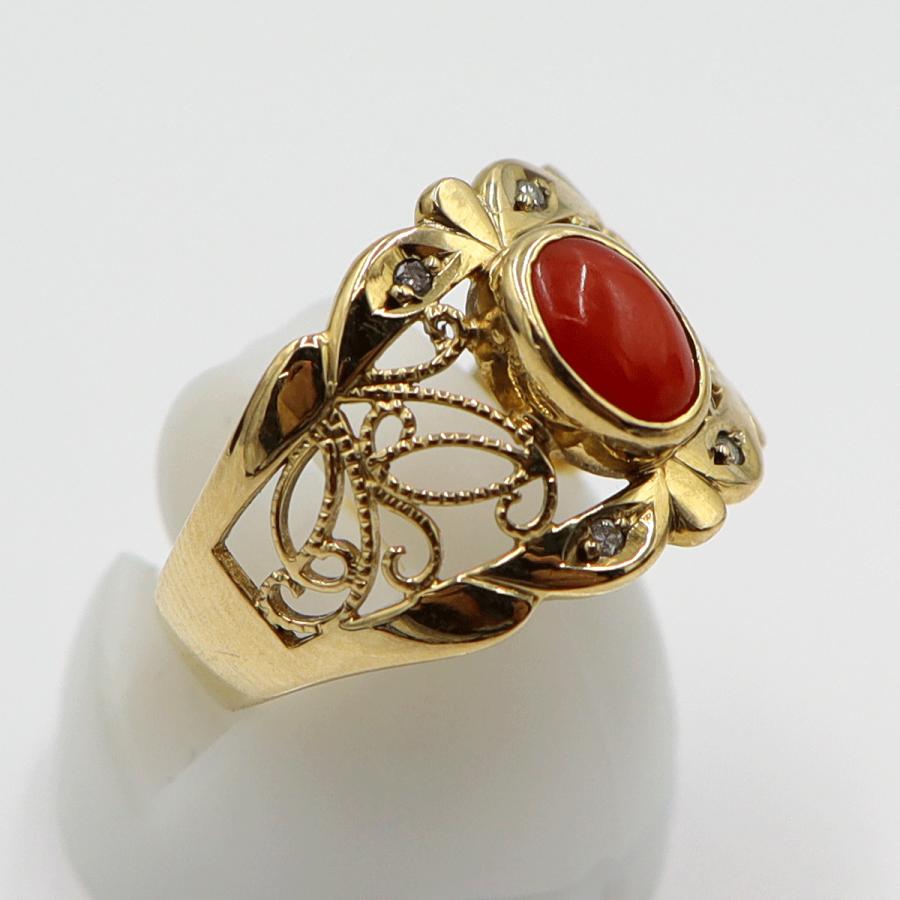 K18サンゴダイヤモンドリング　D0.03ct　リングサイズ12号　重量4.01ｇ(石の重量含む)　レディース(中古)