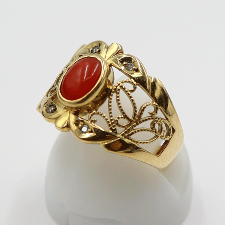 K18サンゴダイヤモンドリング　D0.03ct　リングサイズ12号　重量4.01ｇ(石の重量含む)　レディース(中古)