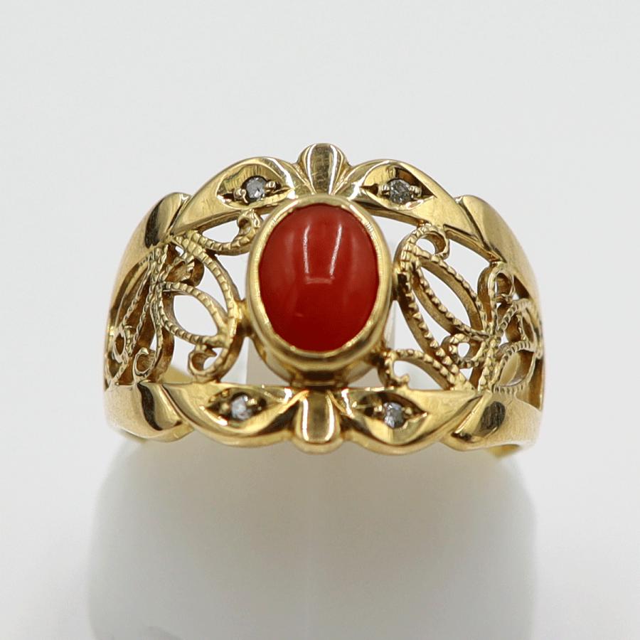 K18サンゴダイヤモンドリング　D0.03ct　リングサイズ12号　重量4.01ｇ(石の重量含む)　レディース(中古)