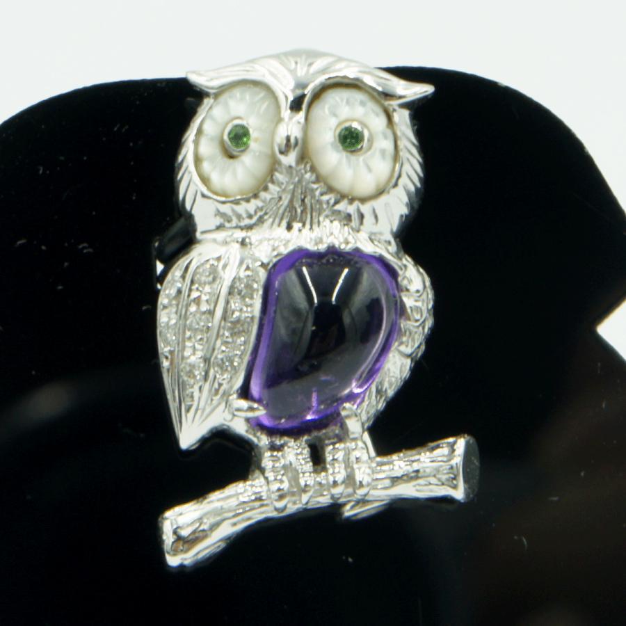 K18アメジストペンダントブローチ「ミミズク」　重量5.37ｇ(石の重量込み）（中古）