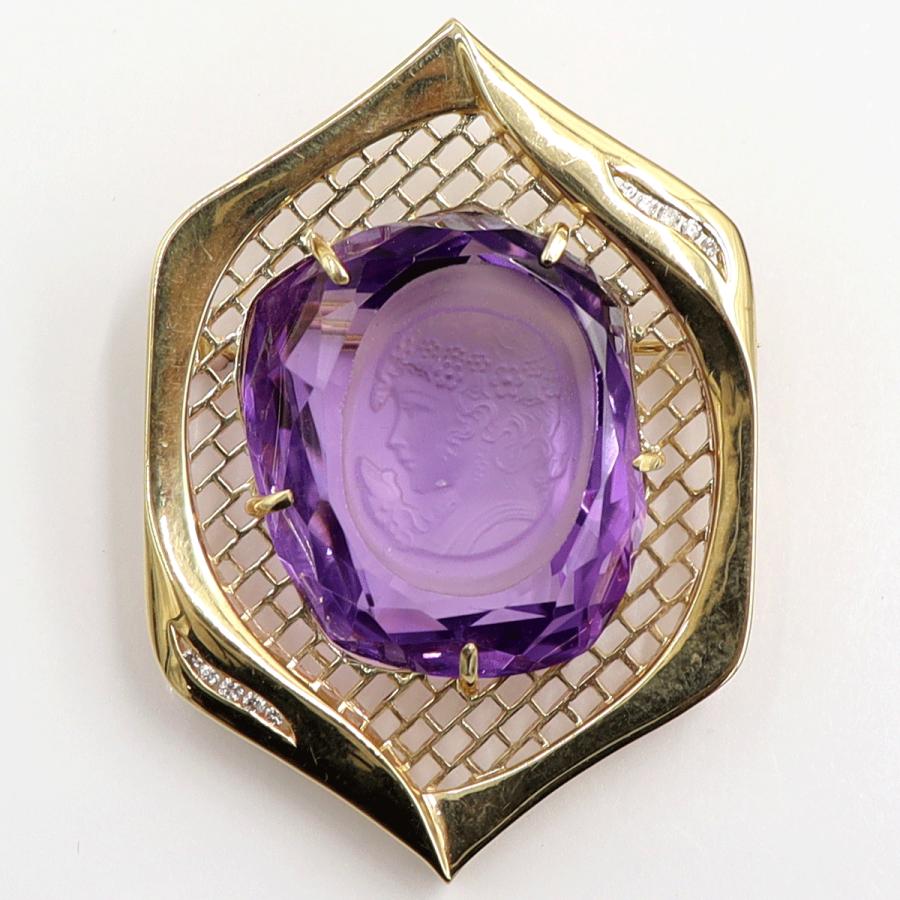 K18アメジストカメオブローチ　A39.1ct　D0.07ct　重量18.10ｇ　レディース（中古）