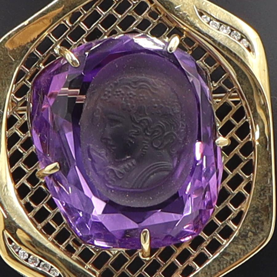 K18アメジストカメオブローチ　A39.1ct　D0.07ct　重量18.10ｇ　レディース（中古）