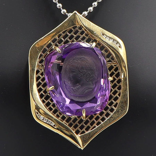 K18アメジストカメオブローチ　A39.1ct　D0.07ct　重量18.10ｇ　レディース（中古）