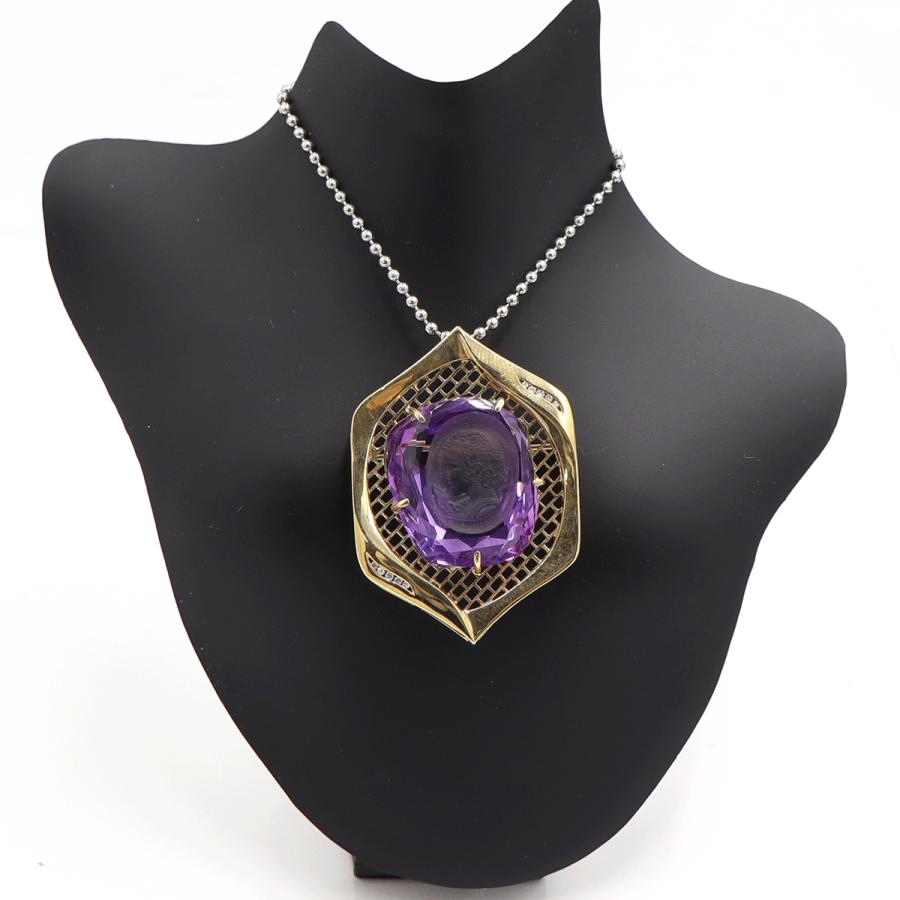 K18アメジストカメオブローチ　A39.1ct　D0.07ct　重量18.10ｇ　レディース（中古）