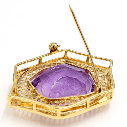 K18アメジストカメオブローチ　A39.1ct　D0.07ct　重量18.10ｇ　レディース（中古）