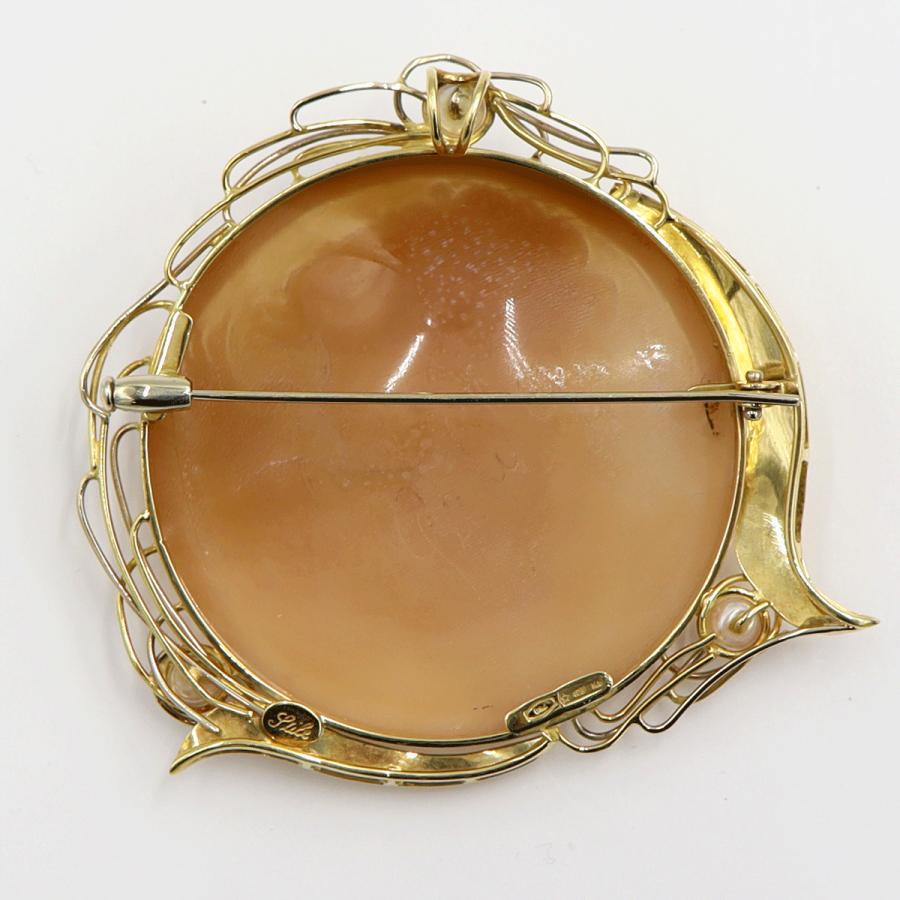 K18パール付枠シェルカメオペンダントブローチ　重量18.25ｇ　レディース（中古）