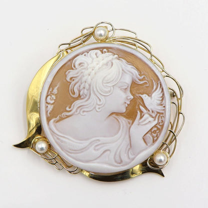 K18パール付枠シェルカメオペンダントブローチ　重量18.25ｇ　レディース（中古）
