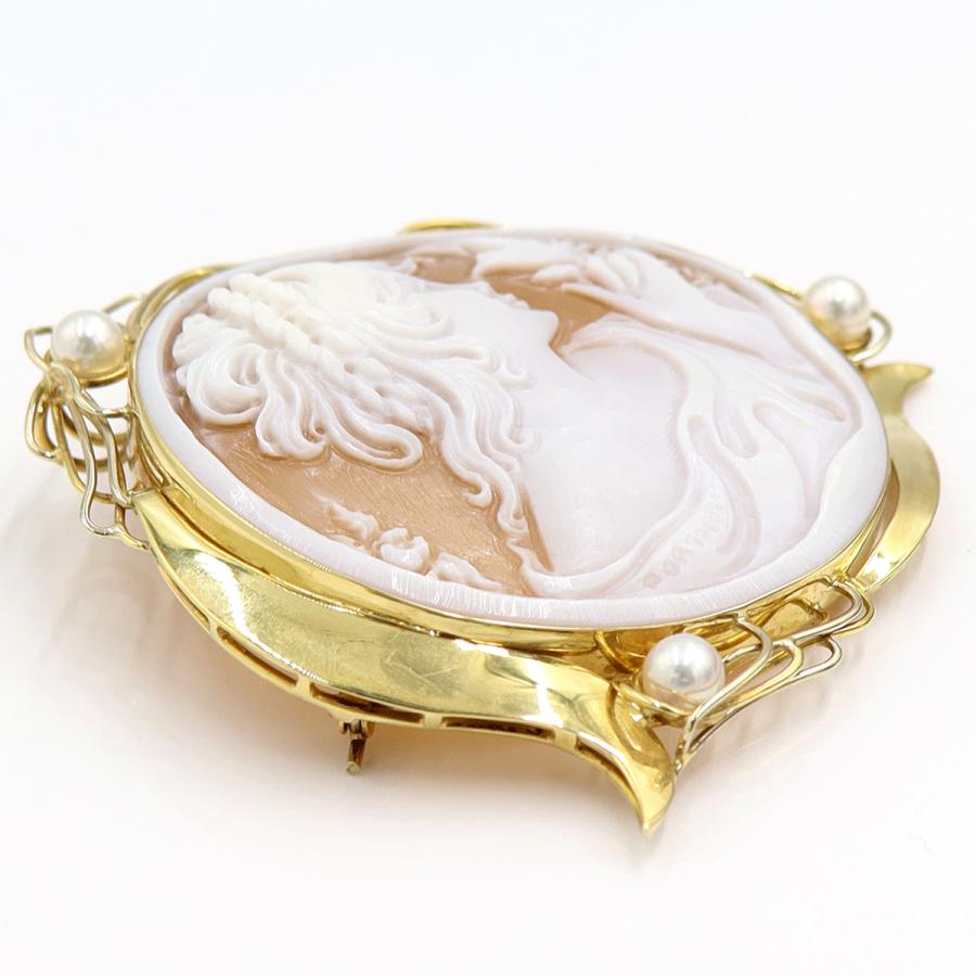 K18パール付枠シェルカメオペンダントブローチ　重量18.25ｇ　レディース（中古）