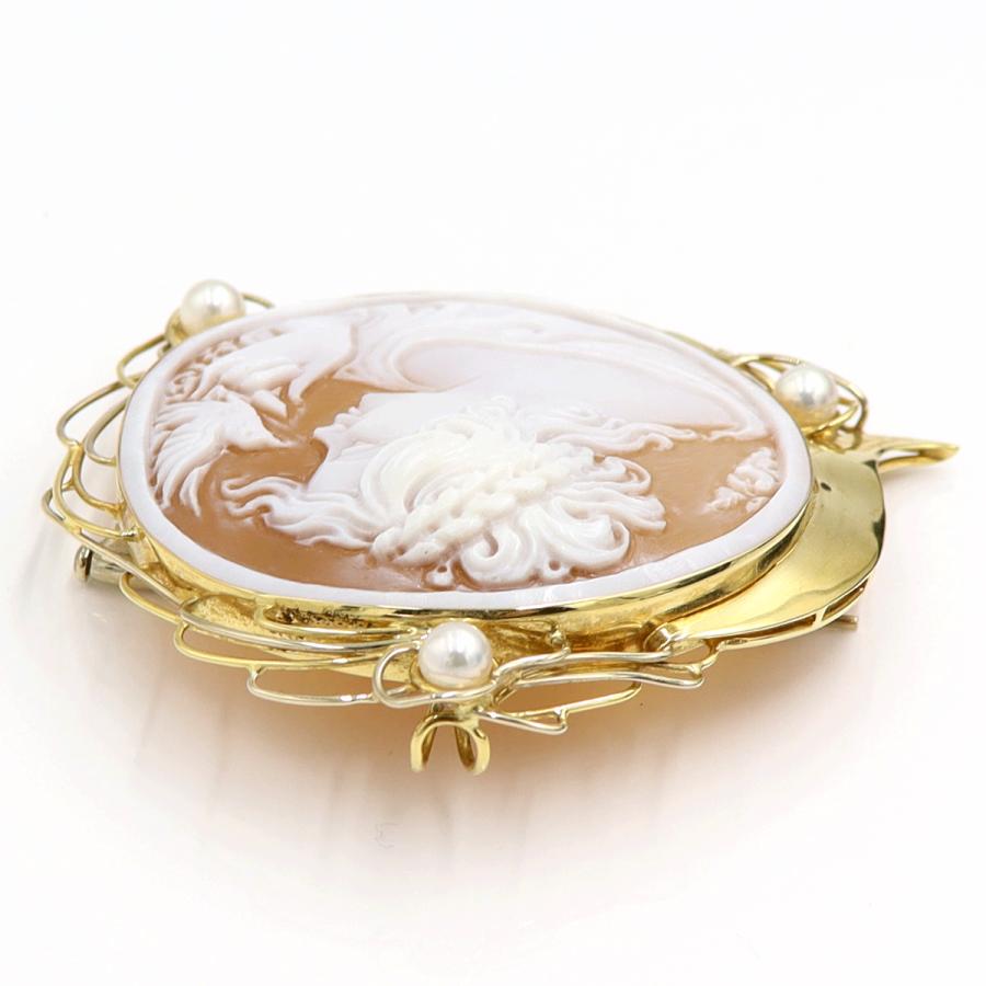 K18パール付枠シェルカメオペンダントブローチ　重量18.25ｇ　レディース（中古）