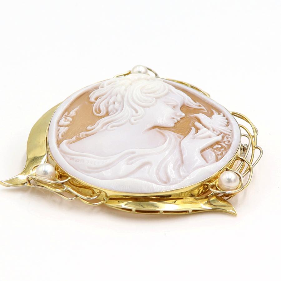 K18パール付枠シェルカメオペンダントブローチ　重量18.25ｇ　レディース（中古）