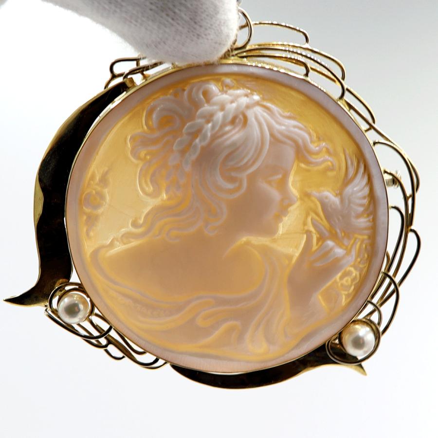 K18パール付枠シェルカメオペンダントブローチ　重量18.25ｇ　レディース（中古）