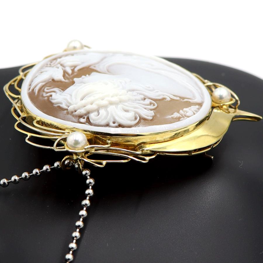 K18パール付枠シェルカメオペンダントブローチ　重量18.25ｇ　レディース（中古）