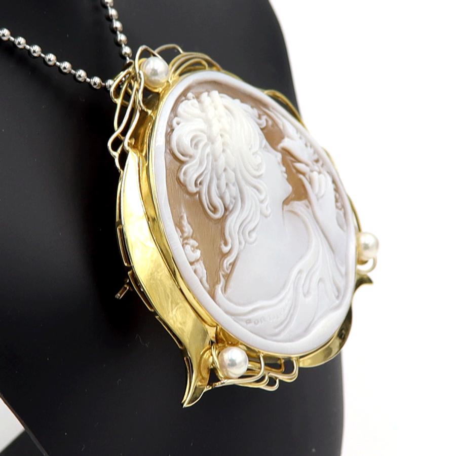 K18パール付枠シェルカメオペンダントブローチ　重量18.25ｇ　レディース（中古）