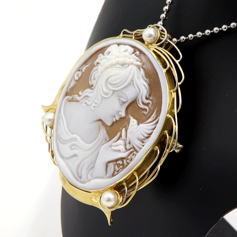 K18パール付枠シェルカメオペンダントブローチ　重量18.25ｇ　レディース（中古）