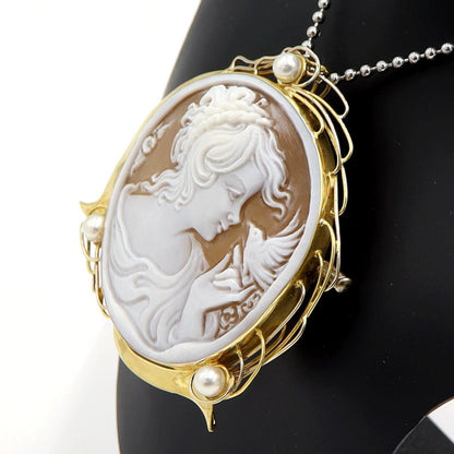 K18パール付枠シェルカメオペンダントブローチ　重量18.25ｇ　レディース（中古）