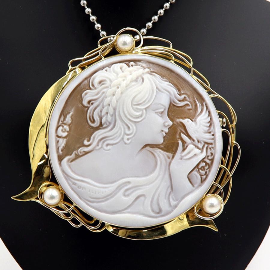 K18パール付枠シェルカメオペンダントブローチ　重量18.25ｇ　レディース（中古）