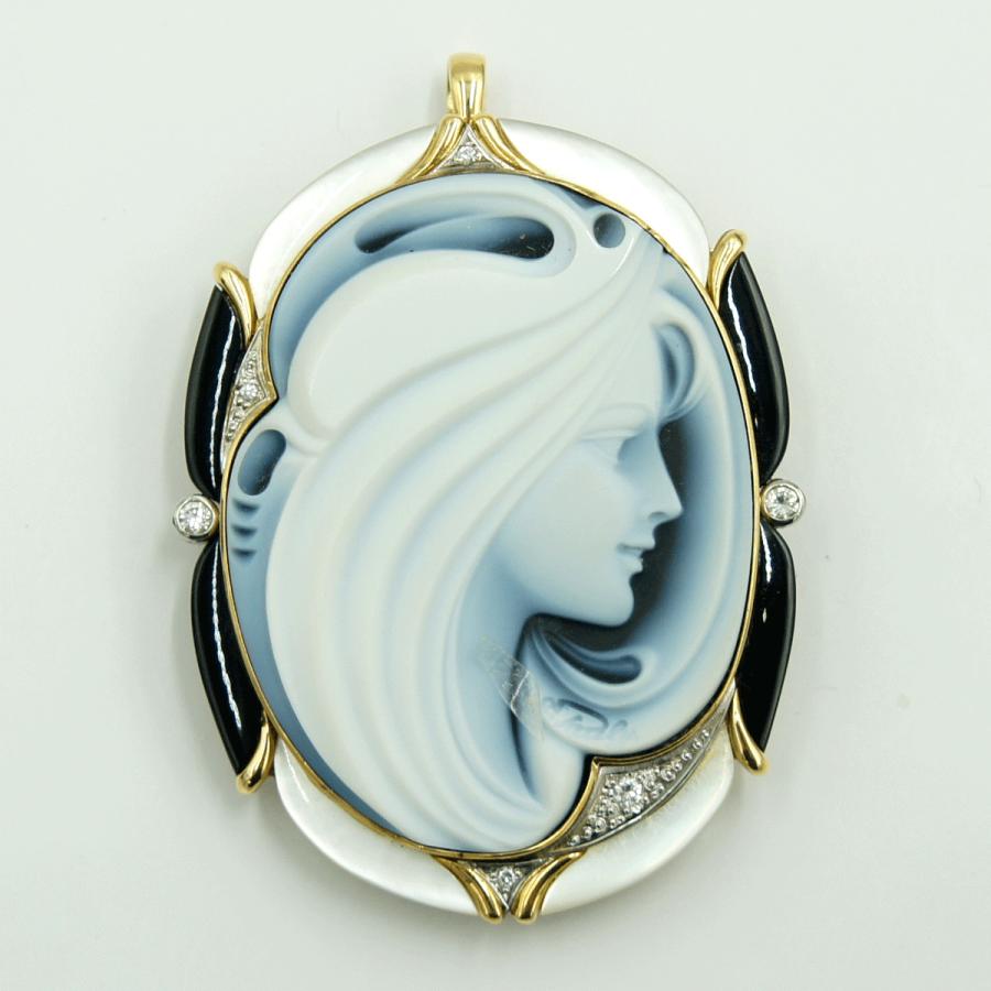 エルヴィン・ポーリー　K18/Pt900メノウカメオペンダントブローチ　重量25.76ｇ　レディース（中古）
