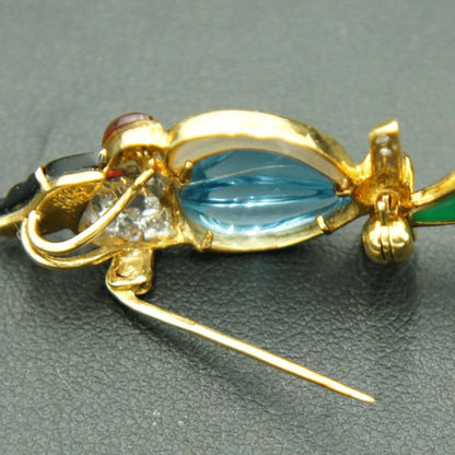 K18マルチ石付ブローチ　オニキス・メノウ・トパーズ「鳥 オウム」　重量6.33ｇ(石の重量込み）（中古）