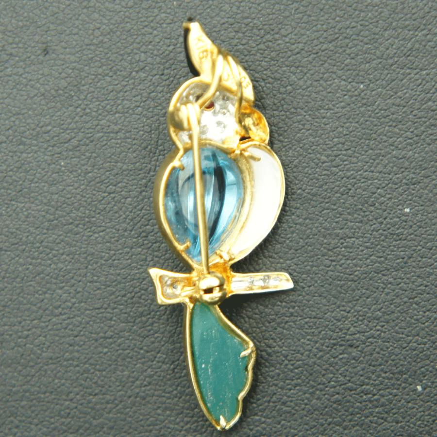 K18マルチ石付ブローチ　オニキス・メノウ・トパーズ「鳥 オウム」　重量6.33ｇ(石の重量込み）（中古）