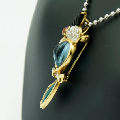 K18マルチ石付ブローチ　オニキス・メノウ・トパーズ「鳥 オウム」　重量6.33ｇ(石の重量込み）（中古）