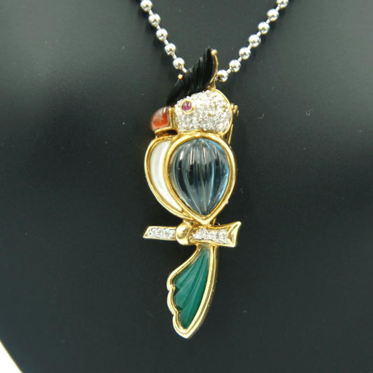 K18マルチ石付ブローチ　オニキス・メノウ・トパーズ「鳥 オウム」　重量6.33ｇ(石の重量込み）（中古）