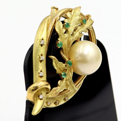 K18南洋珠ブローチ　パール13mm　重量20.42ｇ(石の重量含む)　ダイヤモンド　レディース（中古）