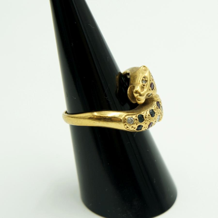 K18マルチ石リング「パンサー」リング12号　重量5.98ｇ（中古）