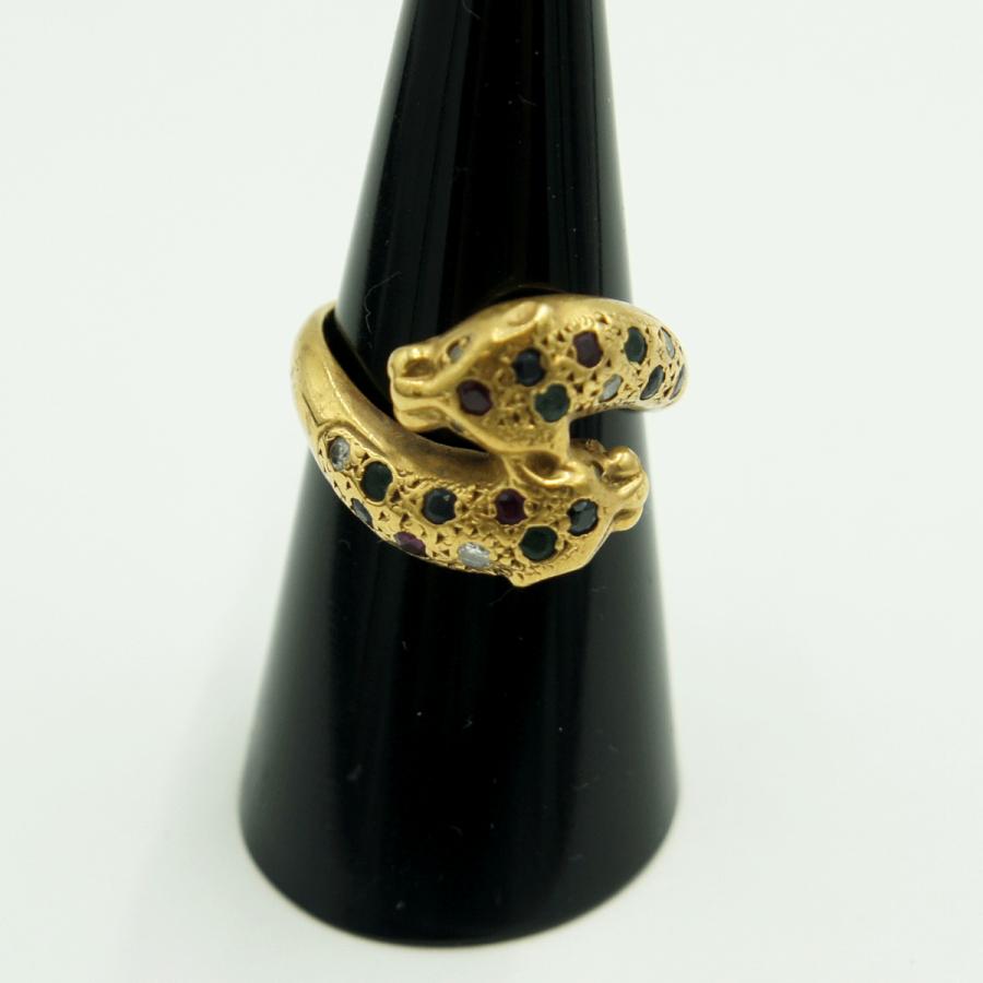 K18マルチ石リング「パンサー」リング12号　重量5.98ｇ（中古）