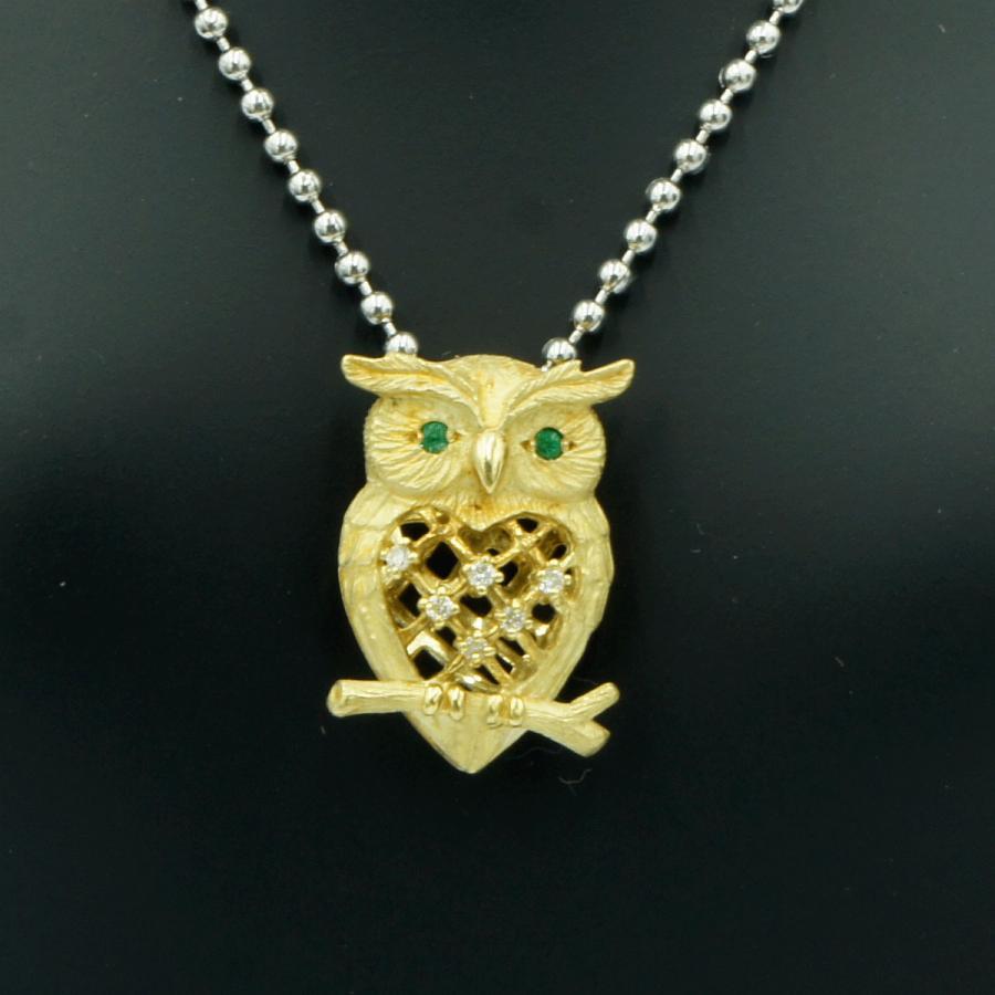 K18エメラルドペンダントトップ「フクロウ」　重量5.1ｇ(石の重量含む)（中古）