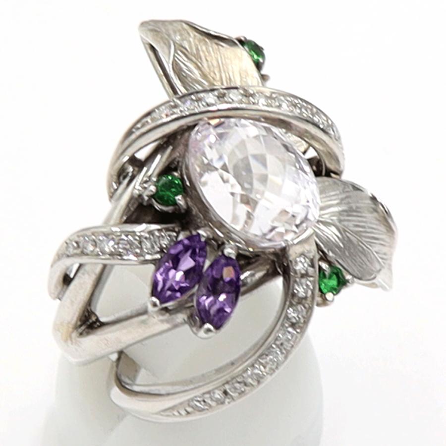 K18WGクンツァイトリング「フラワー」　5.72ct　リングサイズ15号　重量20.48ｇ(石の重量含む)　レディース（中古）