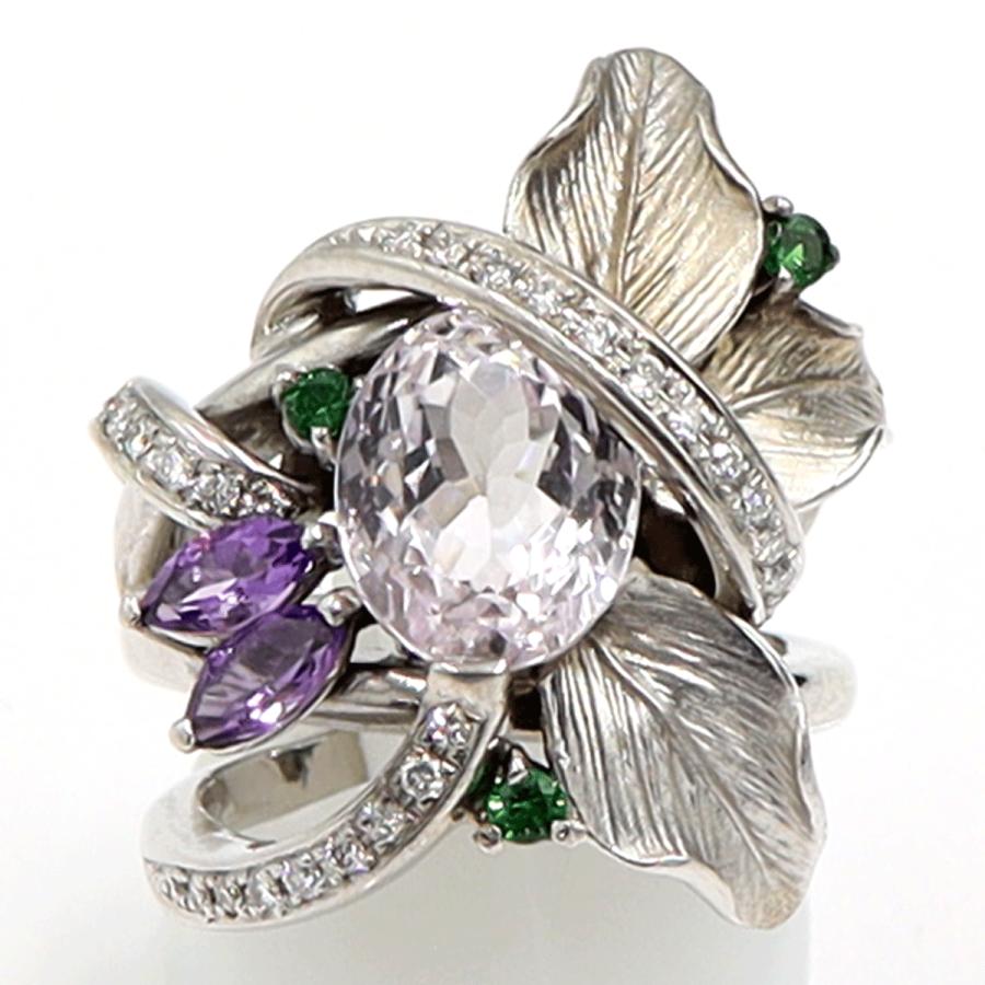 K18WGクンツァイトリング「フラワー」　5.72ct　リングサイズ15号　重量20.48ｇ(石の重量含む)　レディース（中古）