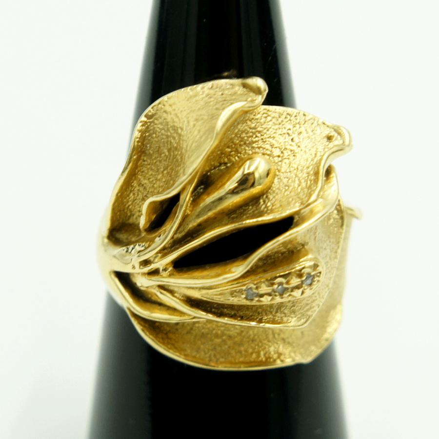 K18デザインダイヤリング「フラワー・花」リングサイズ12号　D0.02ct　重量10.35ｇ（中古）