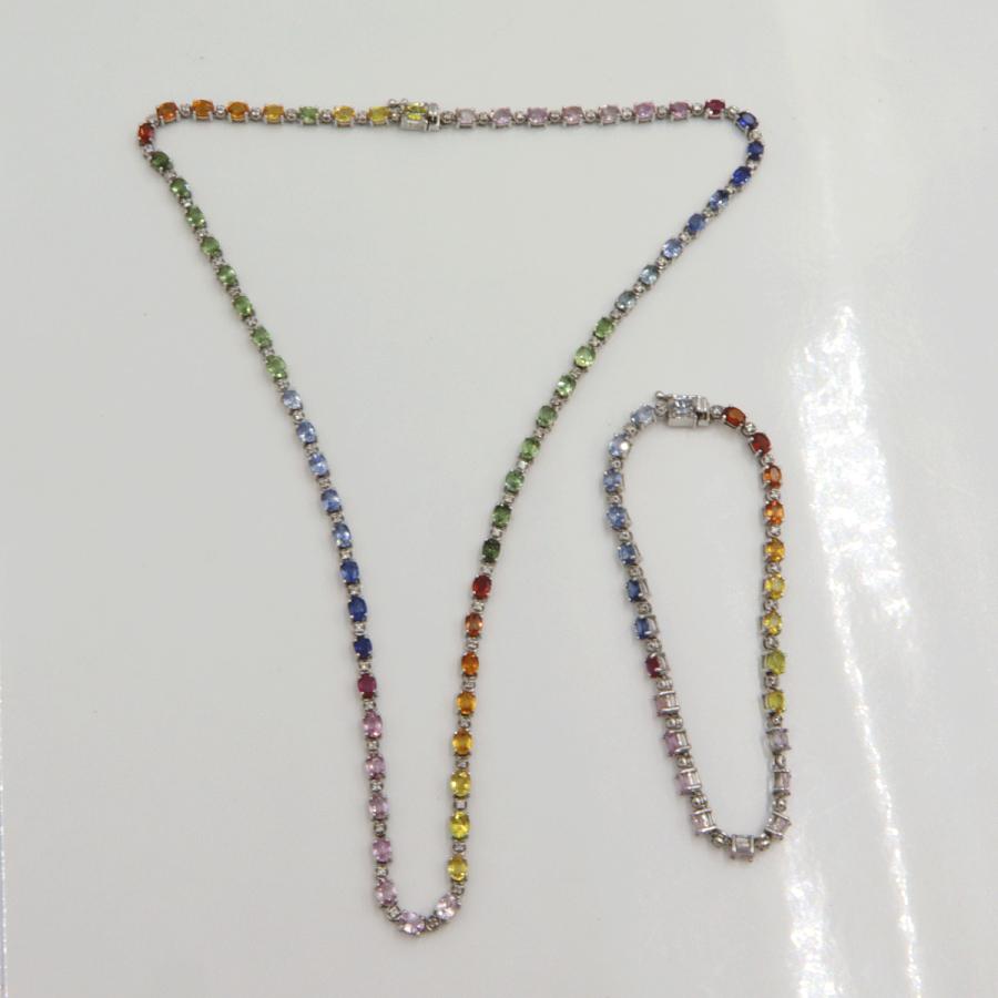 K18WGサファイアネックレス＆ブレスレット　S15.60ct　D0.73ct　ネックレス長さ44cm ブレスレット長さ17cm 重量ネック17.38g・ブレス8.16ｇ(石の重量含む)　レディース(中古)