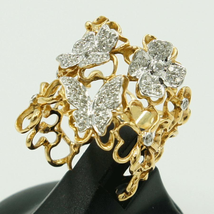 750ダイヤモンドリング「フラワー＆バタフライ」　D0.61ct　リングサイズ15号　重量10.15ｇ(石の重量含む)（中古）