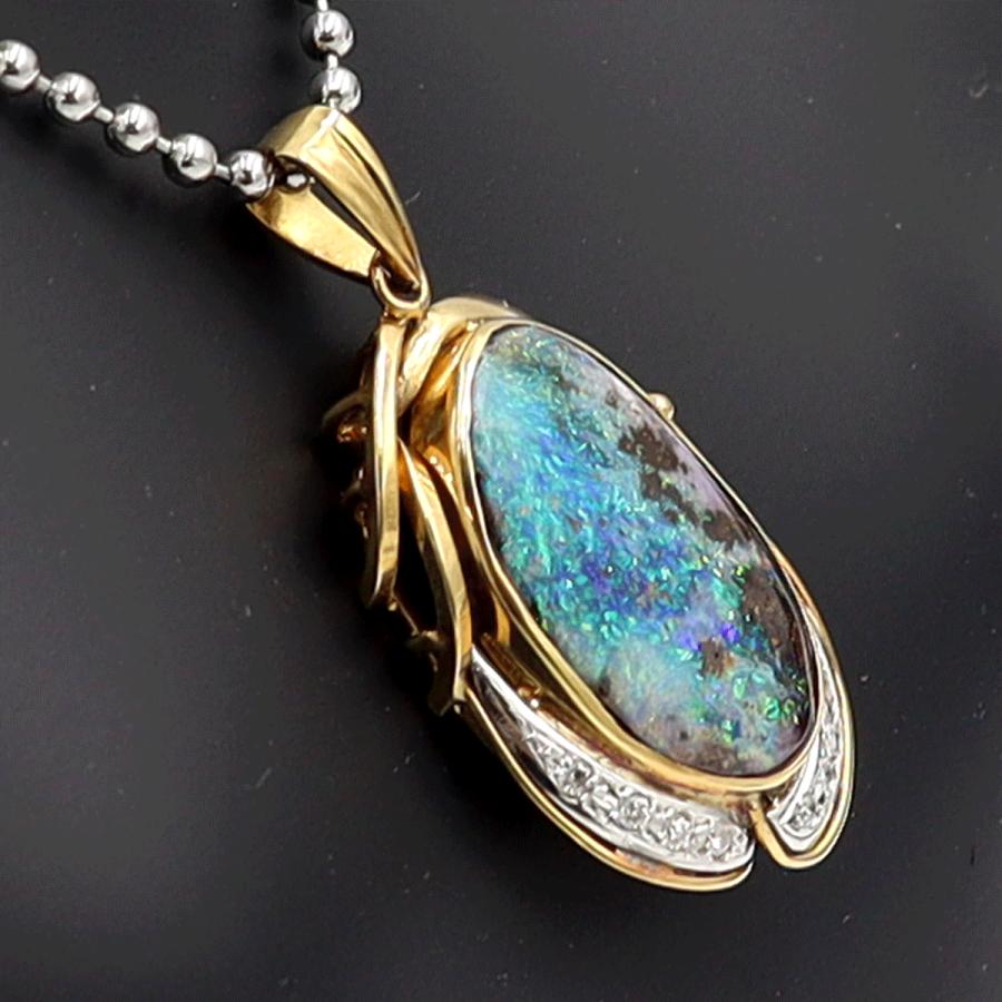 K18/Pt900ボルダーオパールペンダントトップ　OP7.60ct　D0.10ct　重量6.35ｇ　レディース（中古）