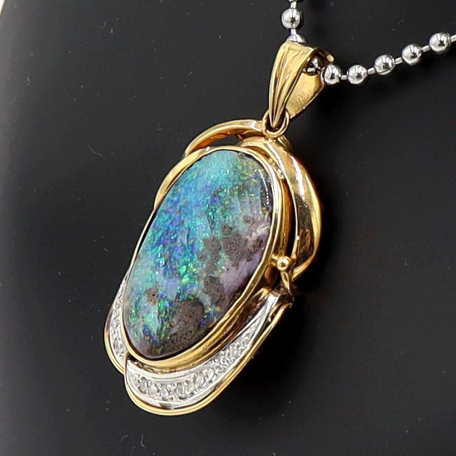 K18/Pt900ボルダーオパールペンダントトップ　OP7.60ct　D0.10ct　重量6.35ｇ　レディース（中古）