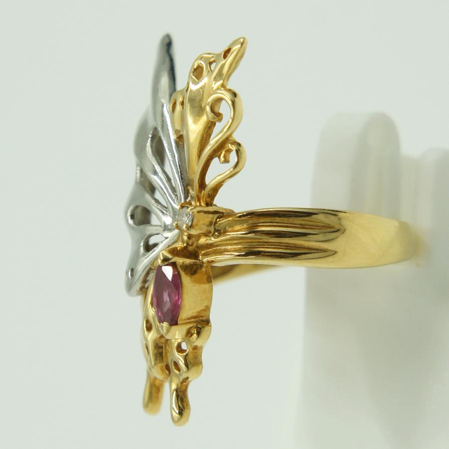 K18/Pt900ルビーリング　リング18号　重量7.02ｇ(石の重さ含む)　蝶々　レディース（中古）