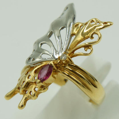 K18/Pt900ルビーリング　リング18号　重量7.02ｇ(石の重さ含む)　蝶々　レディース（中古）