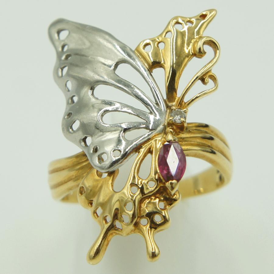 K18/Pt900ルビーリング　リング18号　重量7.02ｇ(石の重さ含む)　蝶々　レディース（中古）