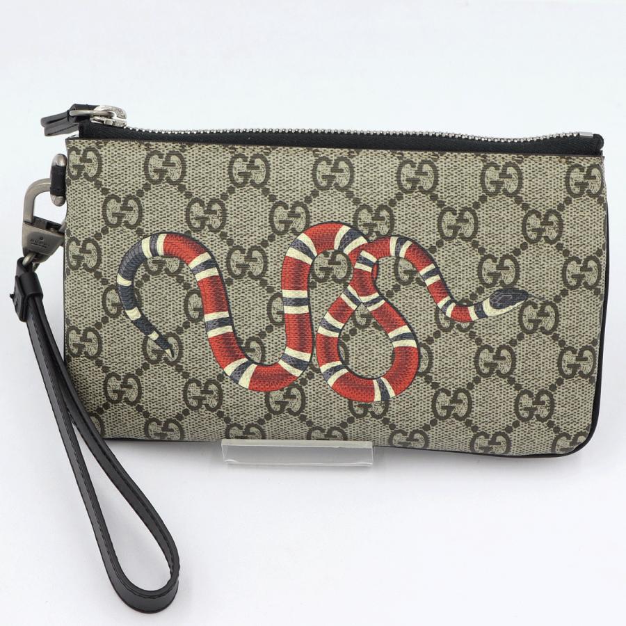 グッチ(GUCCI)GGスプリーム　キングスネークプリント　リストポーチ　597556　サイズ：W19cm×H11cm　ヘビ　小物　ポーチ　レディース(中古・未使用)
