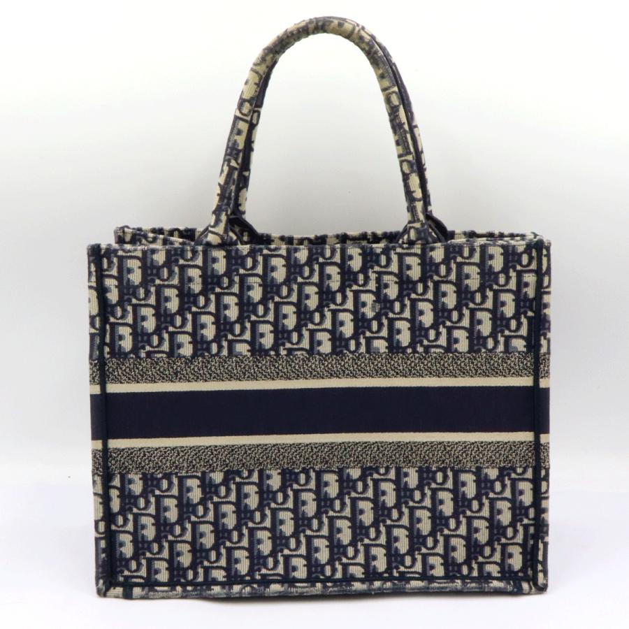 クリスチャンディオール (Christian Dior) ブッグトート　ミディアム　トートバッグ　コットン刺繍/ネイビーホワイト　レディース（中古）